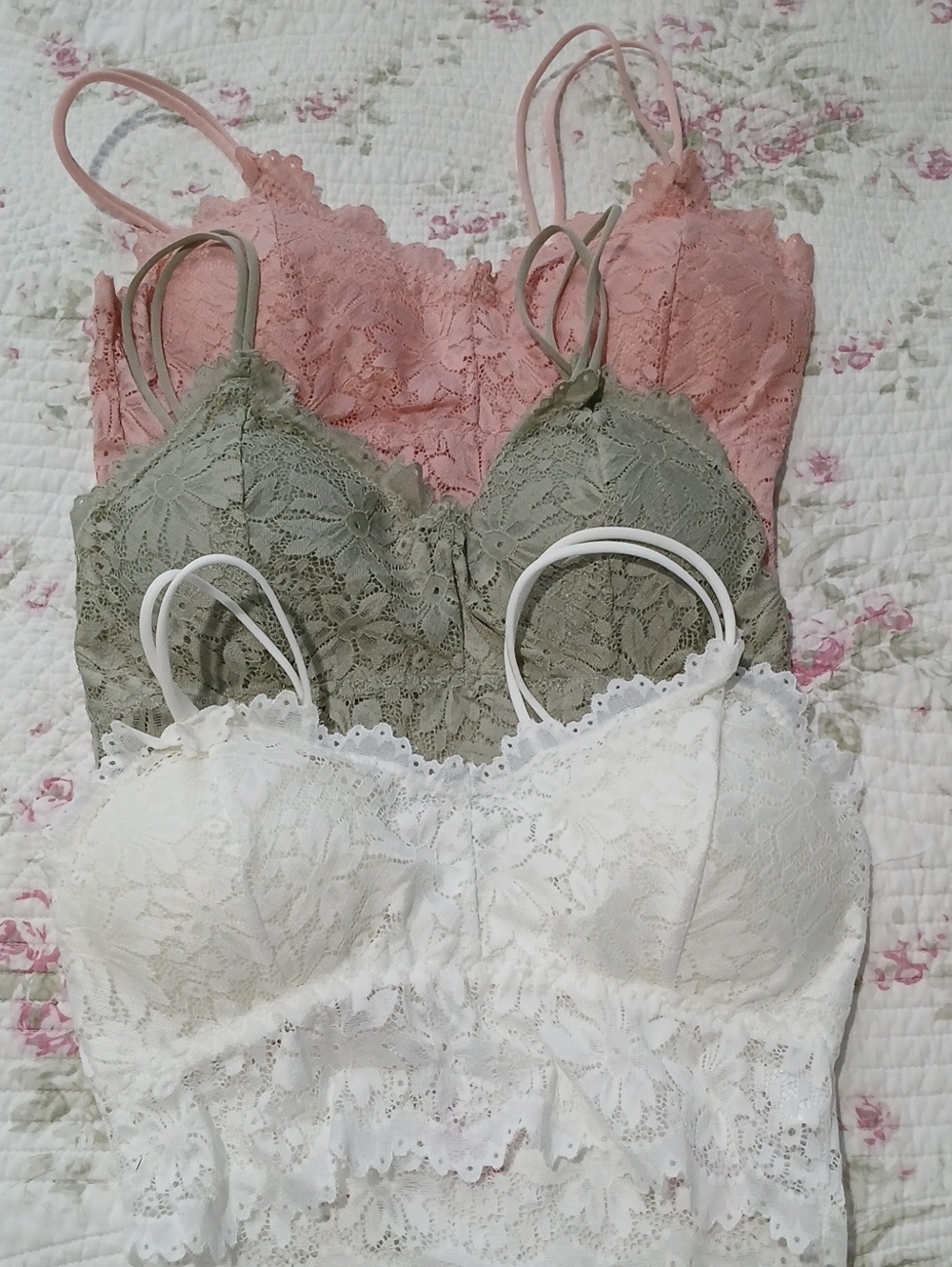 Sz S/M - NEW -Set Of 3! Lace Bralette Camisole Set - White, Sage, and Dusty Pink